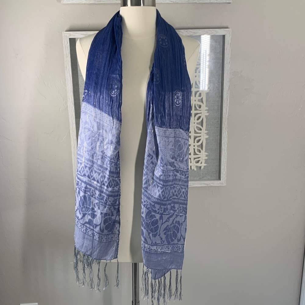 Blue Patterned silk Scarf with Fringe